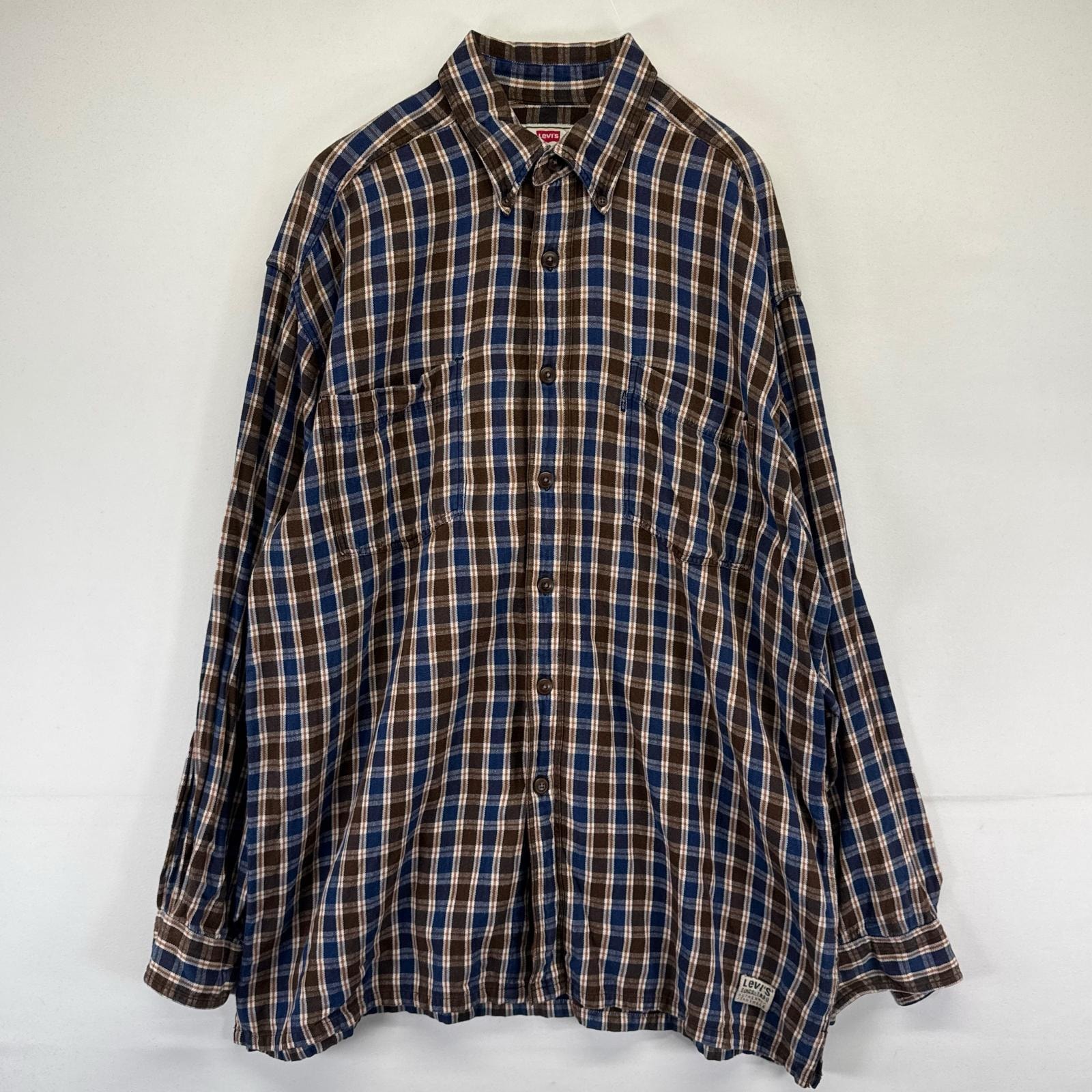 古着 リーバイス Levi's 長袖シャツ フランネル ボタンダウン ブラウン ポケット L  ブルー系 チェック メンズ