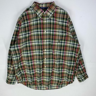 古着 90's/90年代 ノーティカ NAUTICA 長袖シャツ ボタンダウン 胸ポケット ロングスリーブ XL グリーン系 チェック メンズ