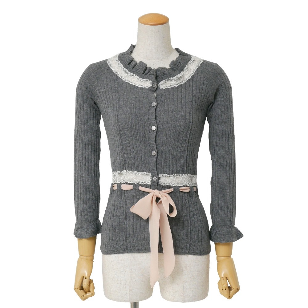 Christian Dior クリスチャンディオール カーディガン サイズ36 リブニット レース シルクリボン イタリア製 ブランド古着【中古】20260312/RA8319