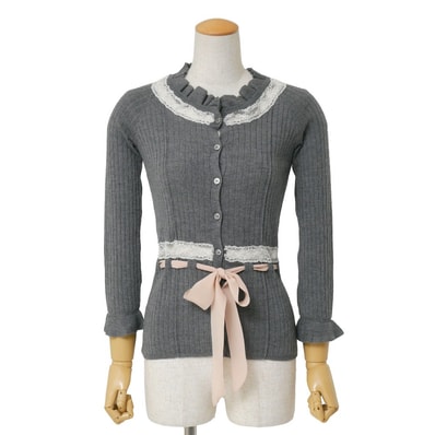 Christian Dior クリスチャンディオール カーディガン サイズ36 リブニット レース シルクリボン イタリア製 ブランド古着【中古】20260312/RA8319