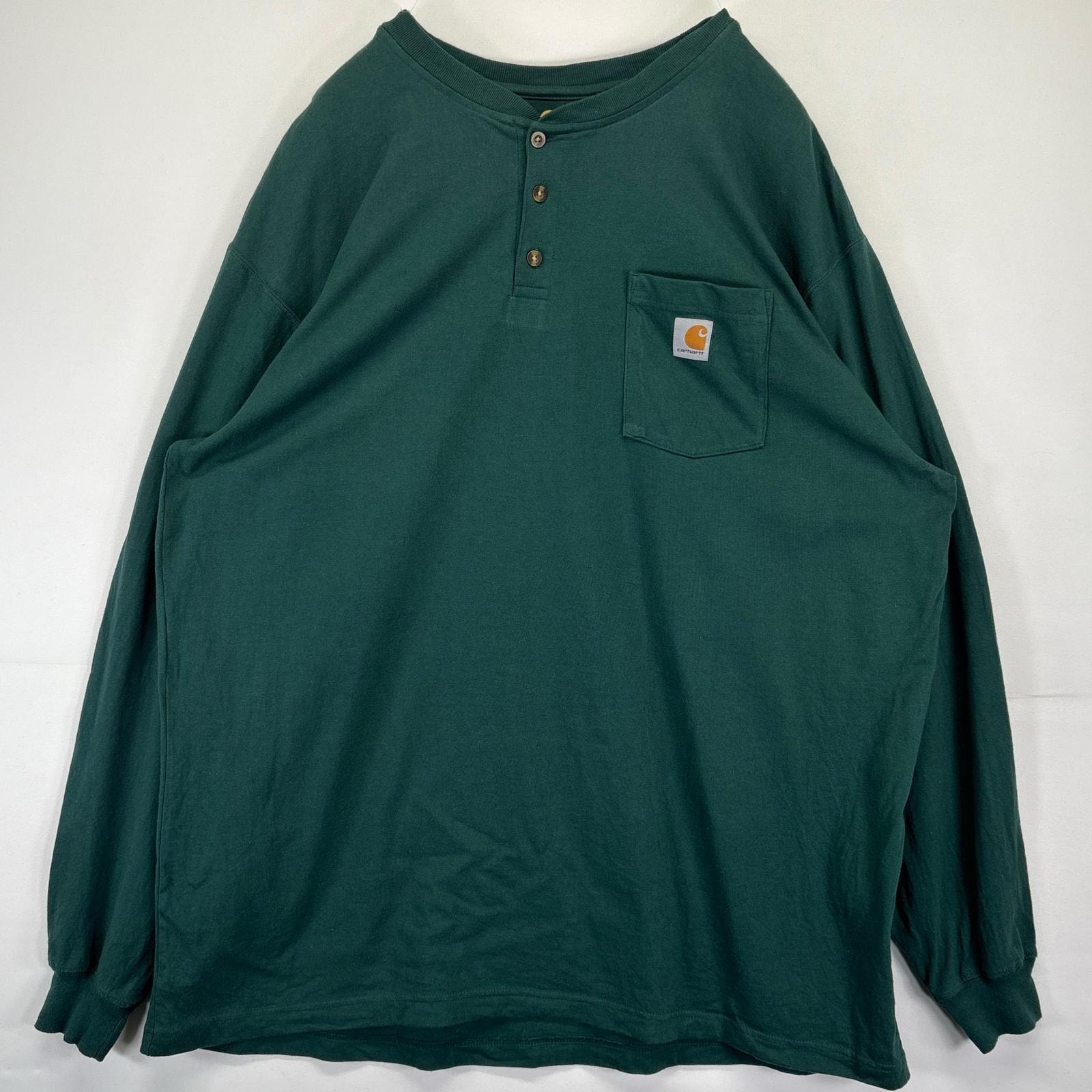 古着 カーハート Carhartt 長袖Tシャツ ヘンリーネック ワンポイントロゴ  クルーネック 14042  グリーン メンズ