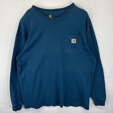 古着 カーハート Carhartt 長袖Tシャツ ロンT ワンポイントロゴ ポケット 大きいサイズ クルーネック プルオーバー XL ブルー メンズ