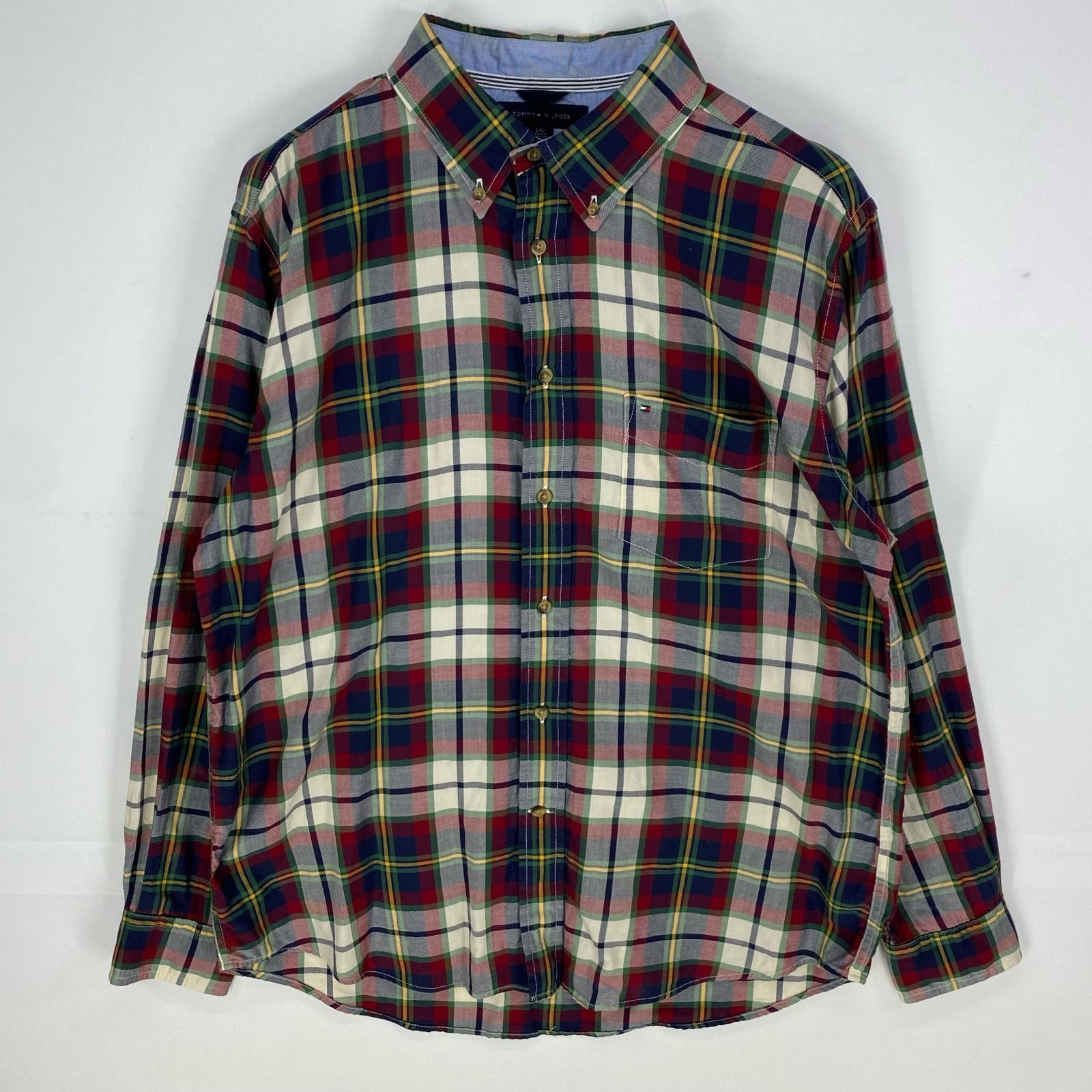 古着 トミーヒルフィガー TOMMY HILFIGER 長袖シャツ ボタンダウン 胸ポケット ワンポイント L レッド系 チェック メンズ
