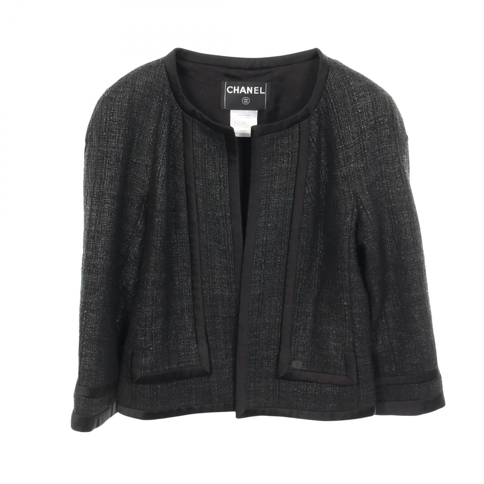 シャネル CHANEL ココマークボタン ツイード ノーカラージャケット 衣料品 アウター コットン / レーヨン レディース ブラック系 P26876W03653 【中古】