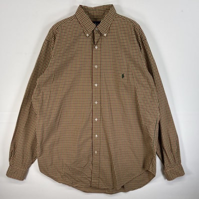 古着 ラルフローレン RALPH LAUREN 長袖シャツ チェック ボタンダウンシャツ ロゴ 刺繍 LT イエロー系 マルチカラー メンズ