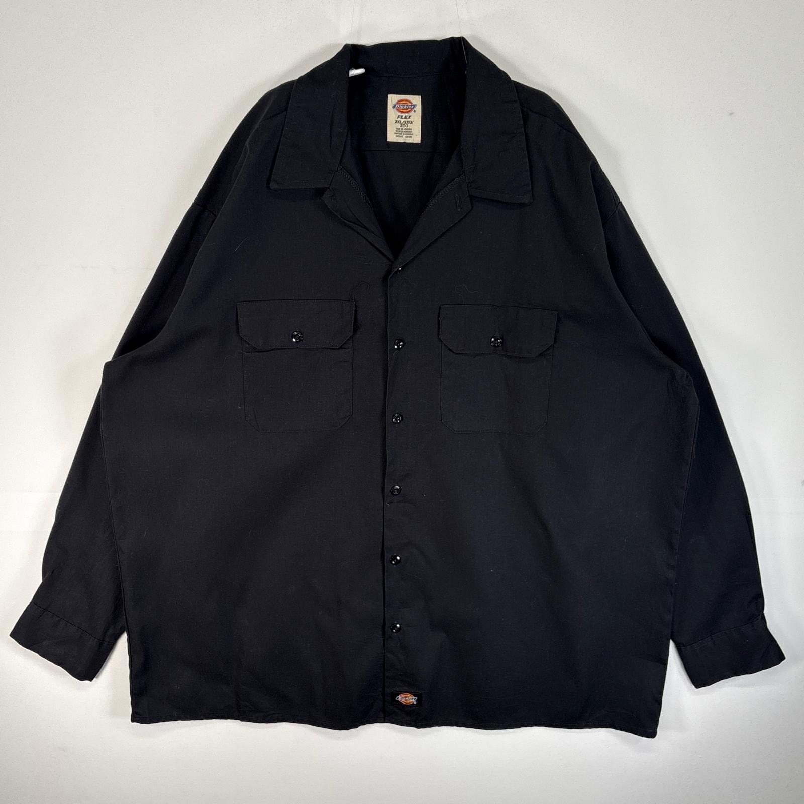 古着 ディッキーズ Dickies 長袖シャツ ワーク 作業着 フラップポケ 大きいサイズ ワンポイント ロゴ 2XL  ブラック 無地 メンズ