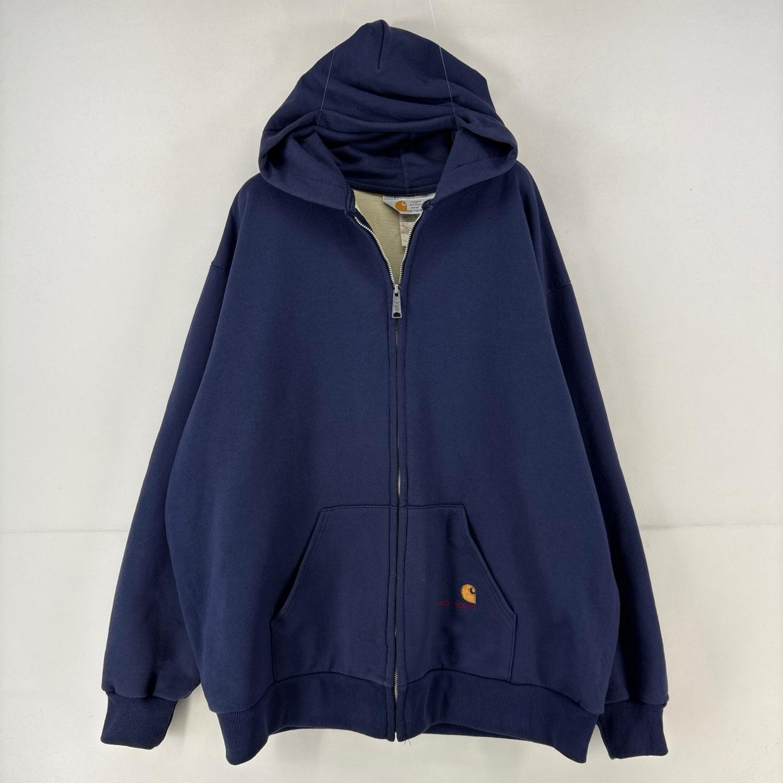古着 80's/80年代 カーハート Carhartt パーカー フルジップ 刺繍 ワンポイント ロゴ ダブルフェイス サーマル 3XL  ネイビー メンズ