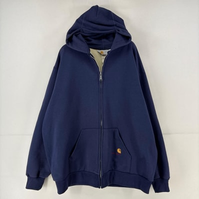 古着 80's/80年代 カーハート Carhartt パーカー フルジップ 刺繍 ワンポイント ロゴ ダブルフェイス サーマル 3XL ネイビー メンズ