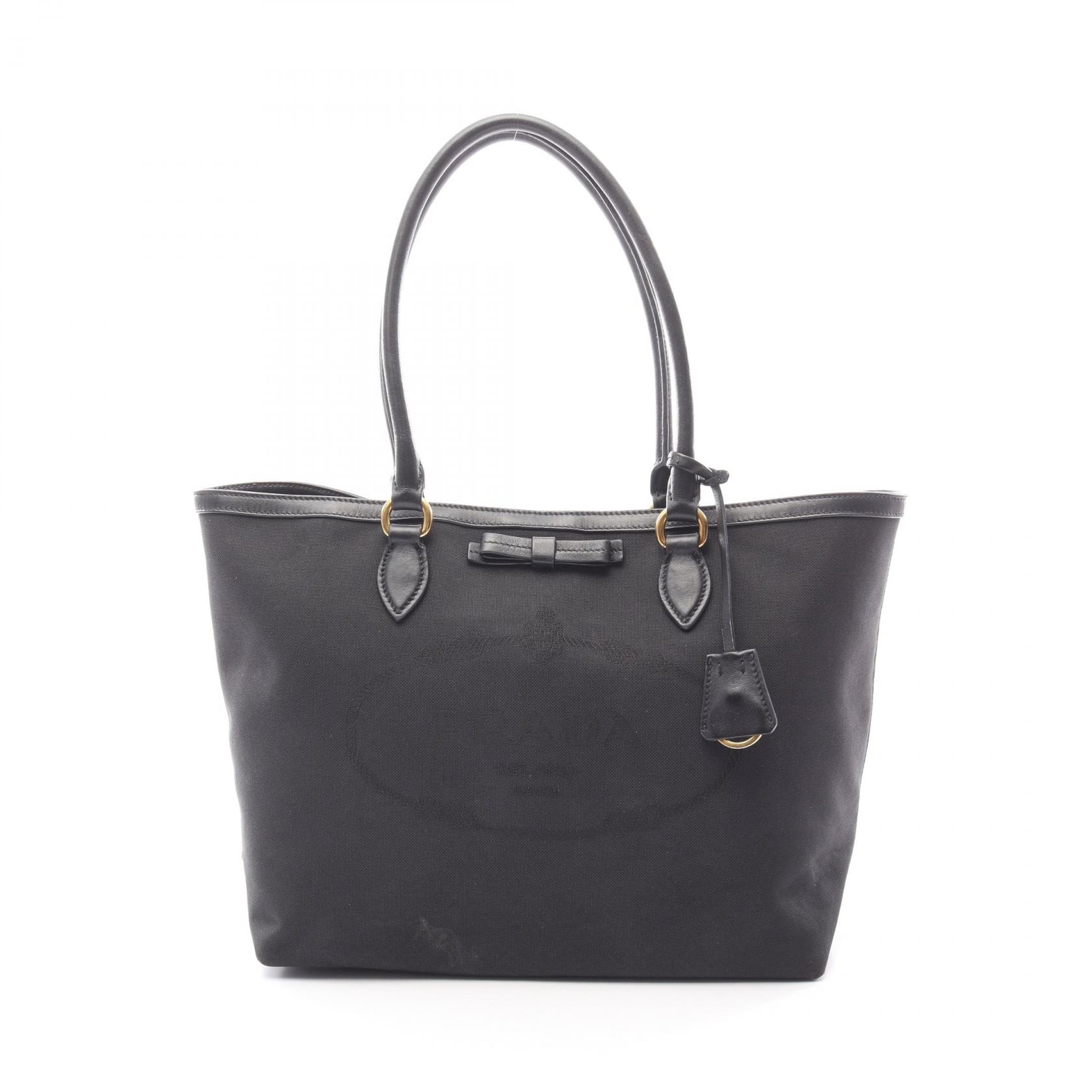 プラダ PRADA LOGO JACQUARD ロゴジャガード トートバッグ バッグ キャンバス レザー レディース ブラック系 【中古】