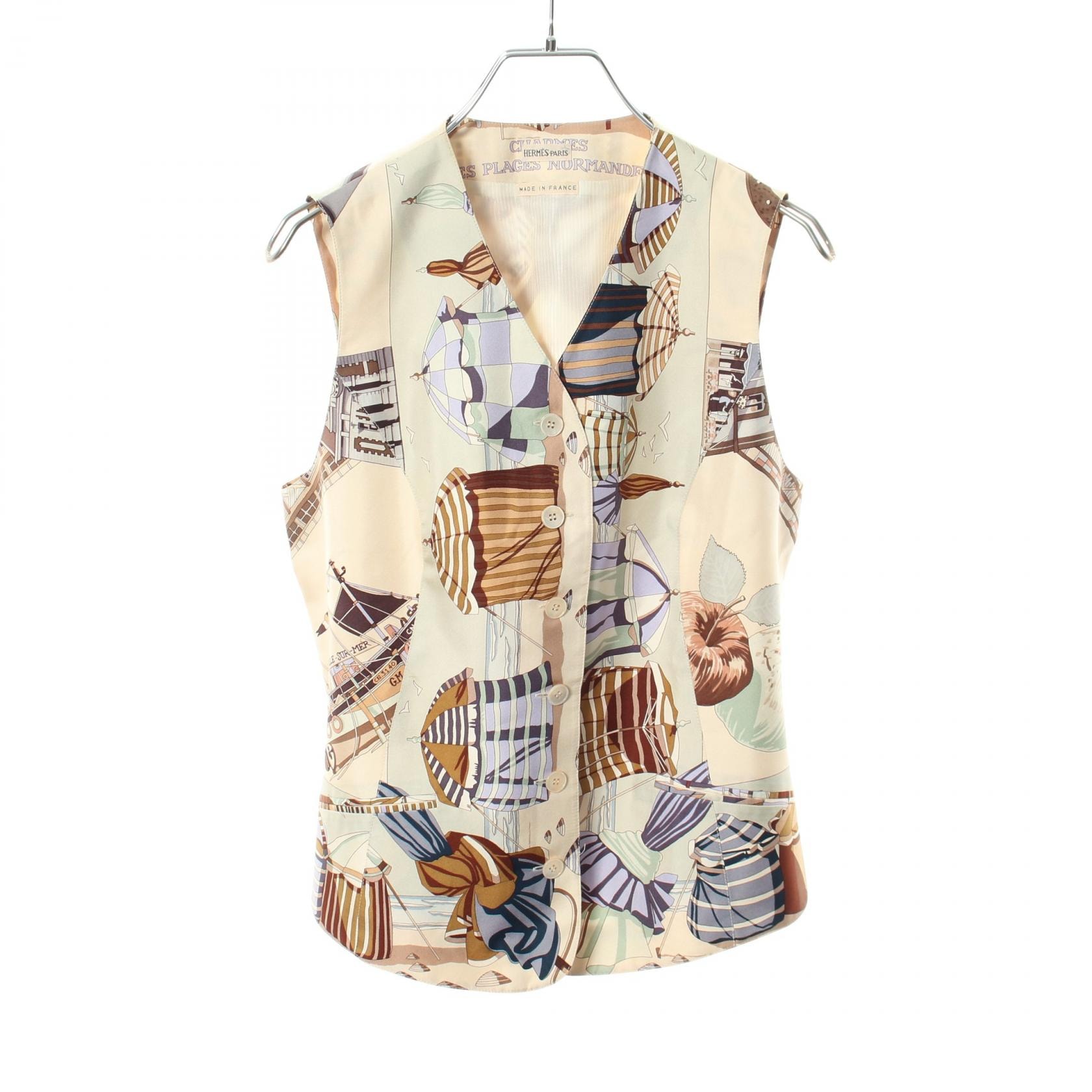 エルメス HERMES Charmes des plages normandes ジレ ベスト 衣料品 トップス シルク シルク メンズ アイボリー系 / マルチカラー 【中古】