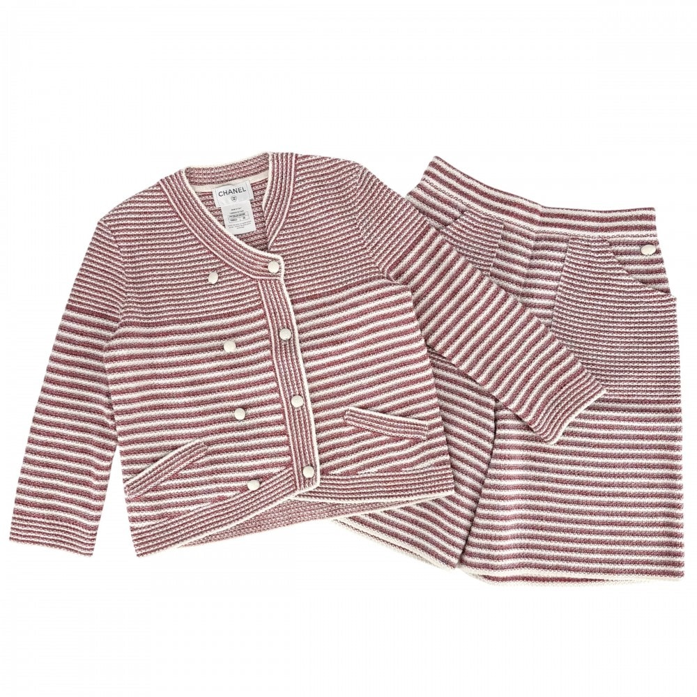CHANEL シャネル セットアップ サマーニット ボーダー カーディガン ハーフパンツ アパレル 服 36 レッド 赤 ホワイト 白  ペーパー  コットン  シルク レディース 春 秋 美品【中古品】
