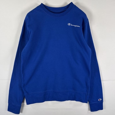 古着 チャンピオン Champion スウェット トレーナー クルーネック ワンポイントロゴ刺繍 ワッペン M ブルー メンズ