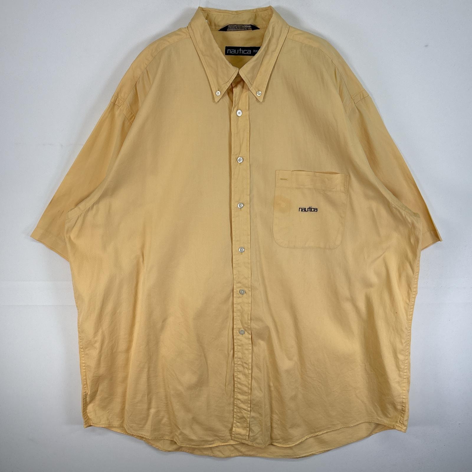 古着 90's/90年代 ノーティカ NAUTICA 半袖シャツ ロゴ 刺繍 大きいサイズ 胸ポケ 14041  イエロー 無地 メンズ