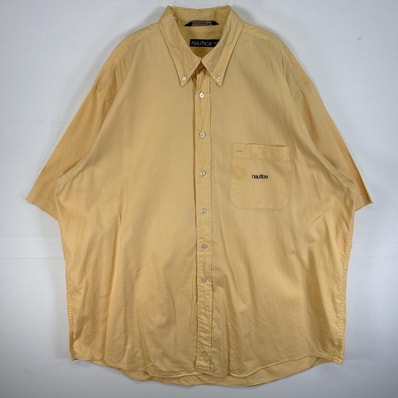 古着 90's/90年代 ノーティカ NAUTICA 半袖シャツ ロゴ 刺繍 大きいサイズ 胸ポケ 14041 イエロー 無地 メンズ