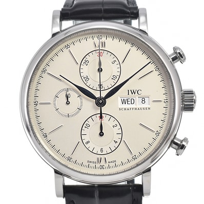 値下 IWC SCHAFFHAUSEN IW391007 ポートフィノ クロノグラフ デイデイト シルバー 自動巻き メンズ 美品 腕時計 E#150184