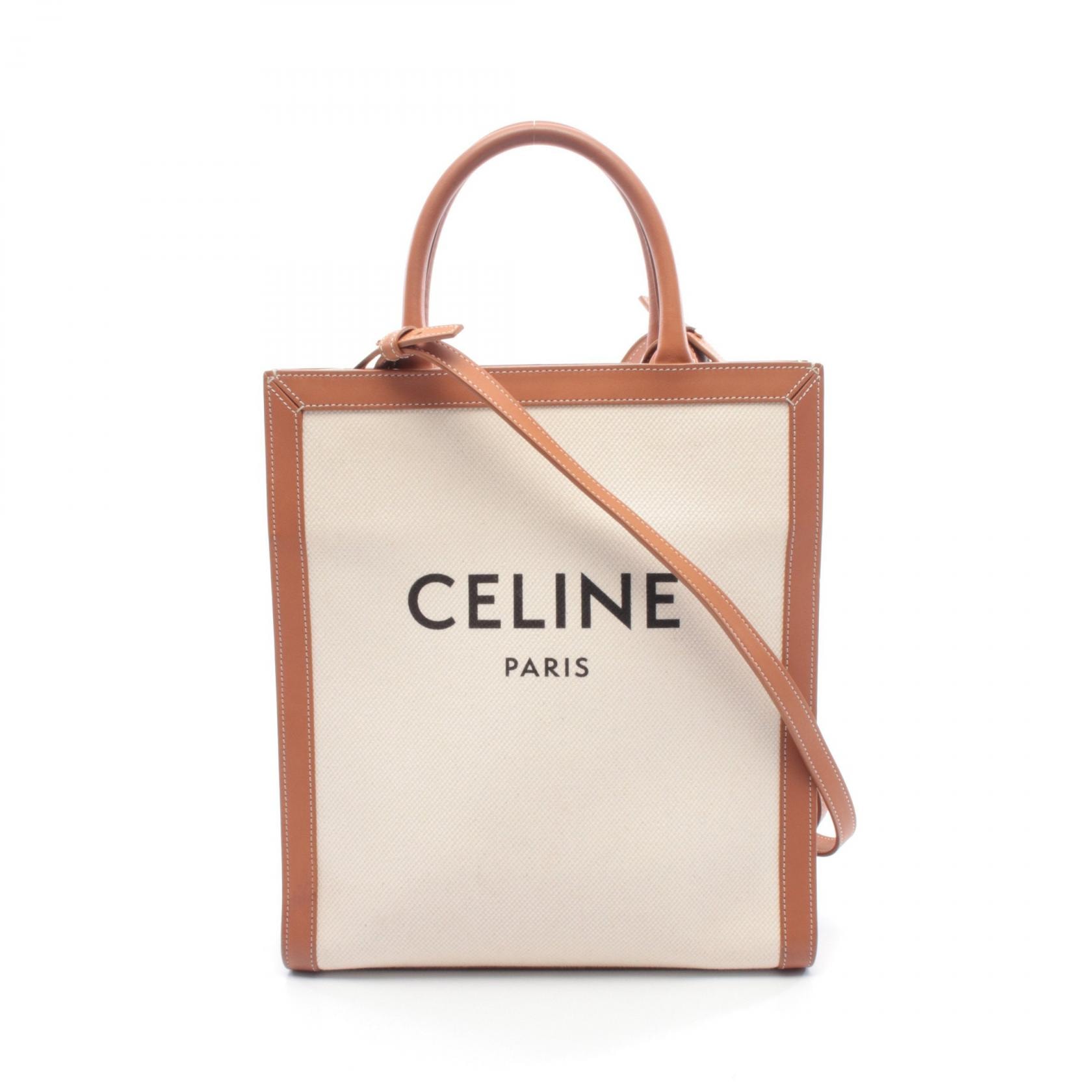 セリーヌ CELINE スモール バーティカル カバ トートバッグ バッグ キャンバス レザー レディース アイボリー系 / ブラウン系 【中古】