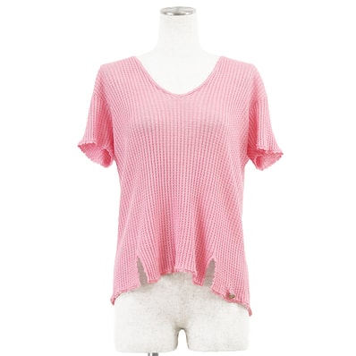 【極美品】CHANEL シャネル ニット サイズ 38 レディース P56634 COCOマーク チャーム リネン100% フロントスリット プルオーバー ショートスリーブ 半袖 トップス ピンク 桃色 イタリア製 カール・ラガーフェルド期