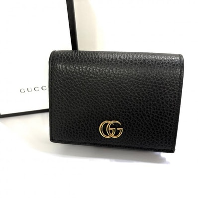 グッチ レザー GGマーモント 二つ折り財布 ブラック ゴールド金具 コンパクトウォレット 456126 GUCCI 正規品【鑑定済み】