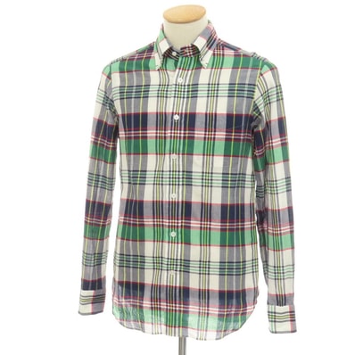 【中古】ビームスエフ BEAMS F コットン マドラスチェック ボタンダウン カジュアルシャツ グリーンxネイビー【サイズ38】【メンズ】