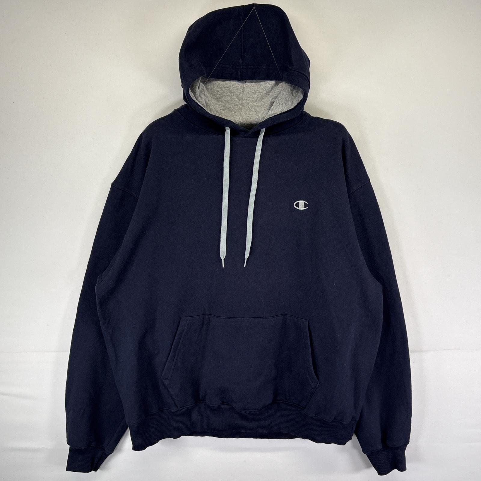 古着 チャンピオン Champion パーカー プルオーバー スウェット 大きいサイズ ワンポイントロゴ刺繍 XL ネイビー メンズ