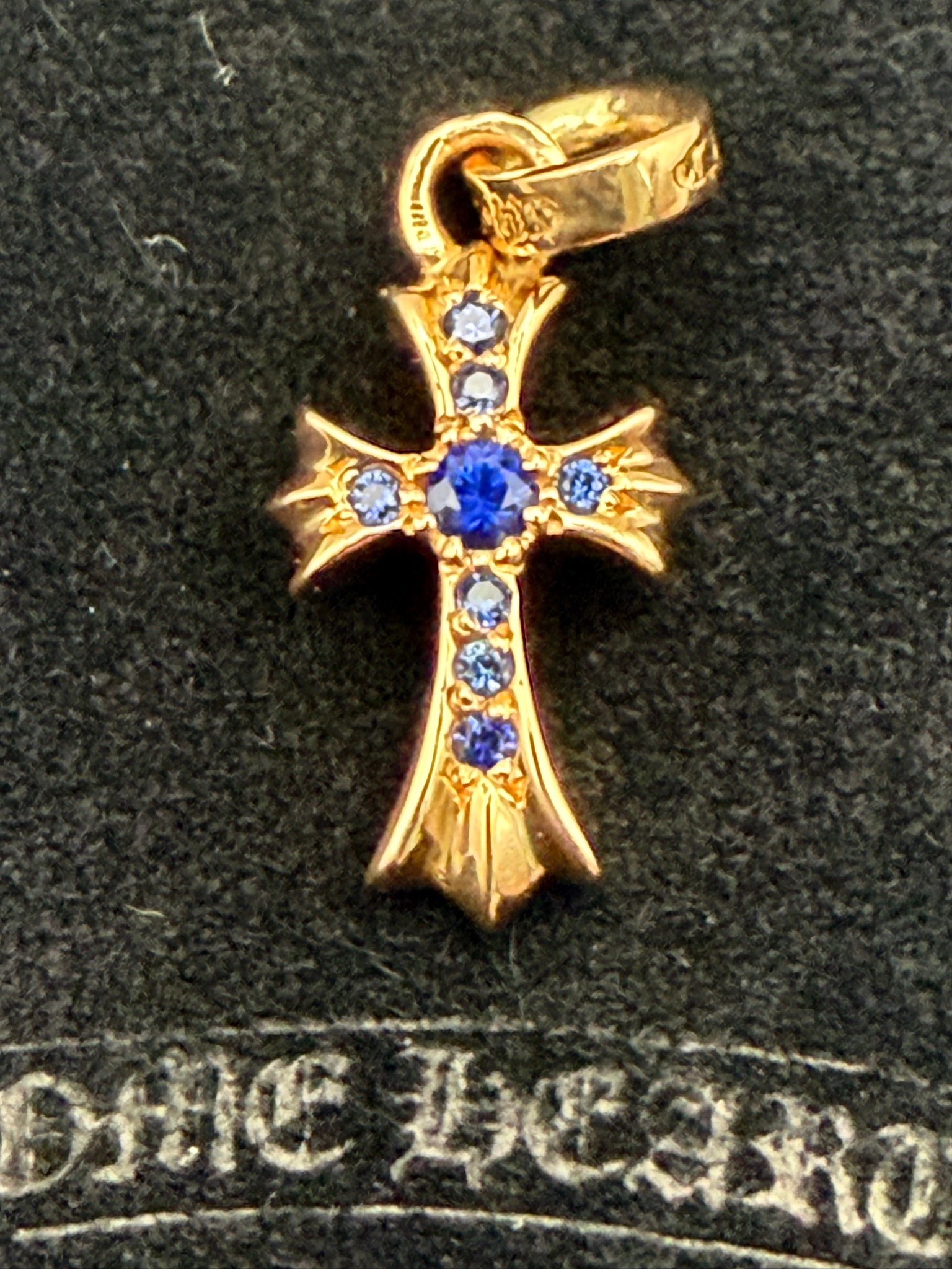 Chrome Hearts 22K Cross Baby Fat Pave Sapphire Charm "Yellow Gold/Blue"