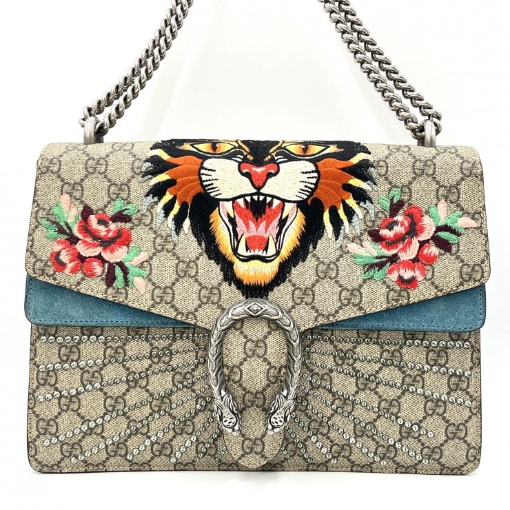GUCCI(グッチ)ディオニュソス アングリーキャット チェーンショルダーバッグ GGスプリーム 刺繍 ブルー レディース 400249【中古】