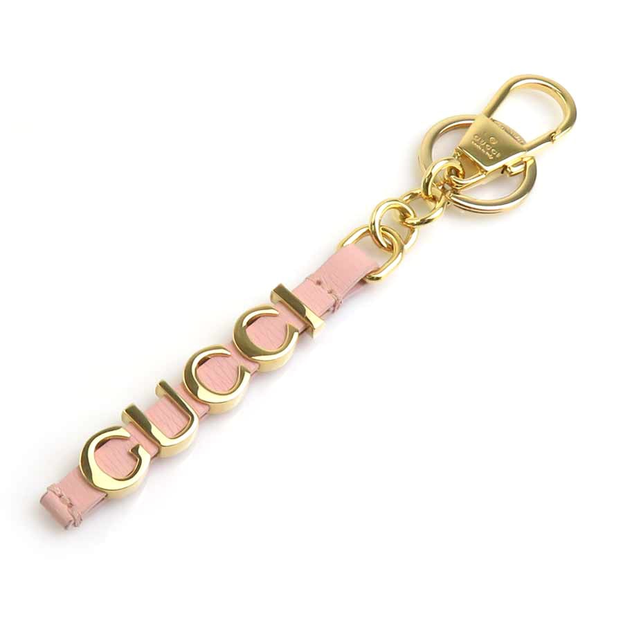 グッチ GUCCI チャーム キーリング メタル/レザー ゴールド/ピンク ユニセックス【中古】 r11502k