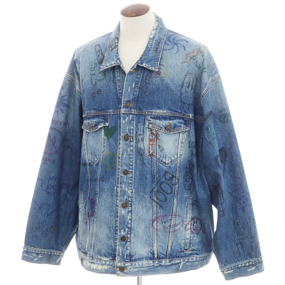 【中古】バレンシアガ BALENCIAGA ビッグシルエット ペイント コットン デニムジャケット ブルー【サイズ5】【メンズ】