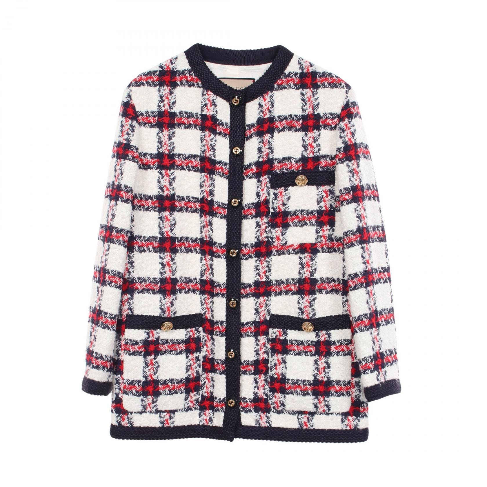グッチ GUCCI チェック柄 ツイード ノーカラージャケット 衣料品 アウター ナイロン コットン ウール レディース ホワイト系 / ネイビー系 / レッド系 【中古】