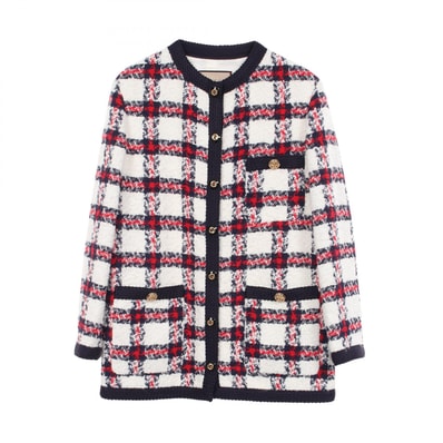 グッチ GUCCI チェック柄 ツイード ノーカラージャケット 衣料品 アウター ナイロン コットン ウール レディース ホワイト系 / ネイビー系 / レッド系 【中古】
