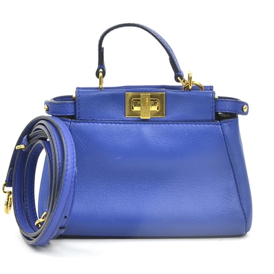 フェンディ FENDI 斜め掛けショルダーバッグ ハンドバッグ マイクロピーカブー レザー ブルー ゴールド レディース 8M0355-K47【中古】 e61194a