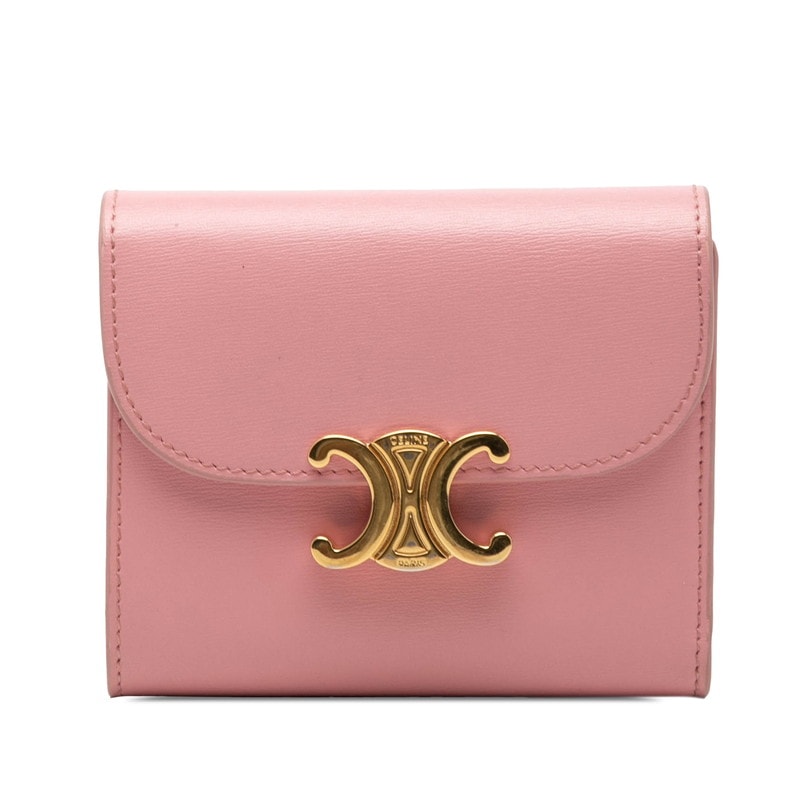 セリーヌ トリオンフ スモール フラップウォレット 三つ折り財布 10D783DPV ピンク レザー レディース CELINE 【中古】