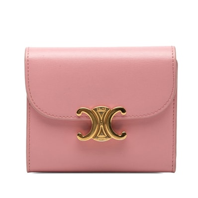 セリーヌ トリオンフ スモール フラップウォレット 三つ折り財布 10D783DPV ピンク レザー レディース CELINE 【中古】