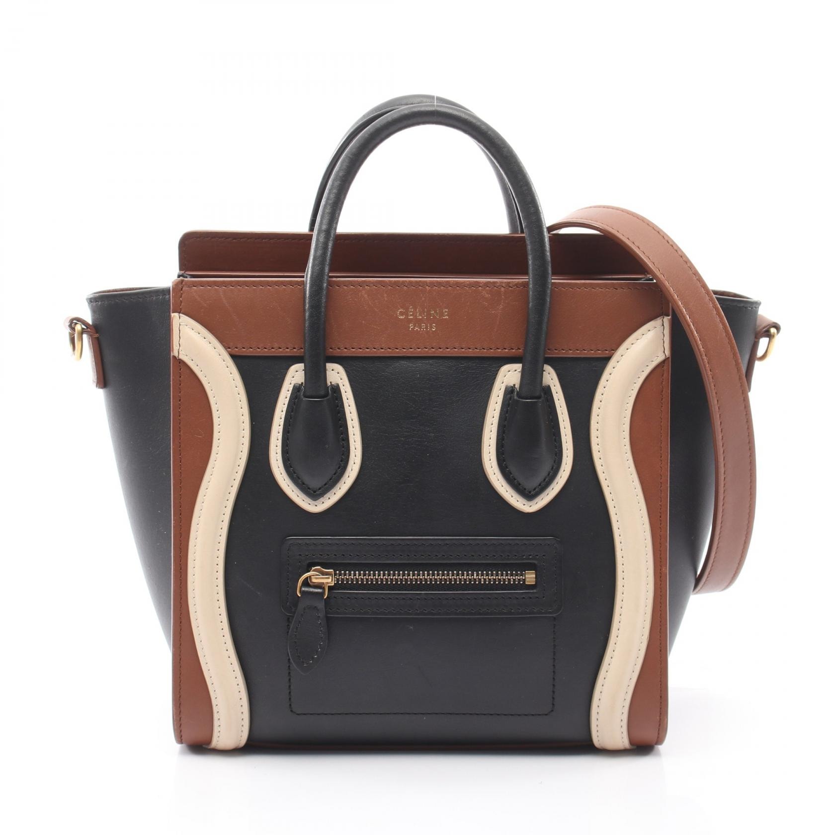 セリーヌ CELINE ラゲージ ナノショッパー 2WAY ハンドバッグ バッグ レザー レディース ブラック系 / ブラウン系 / アイボリー系 【中古】
