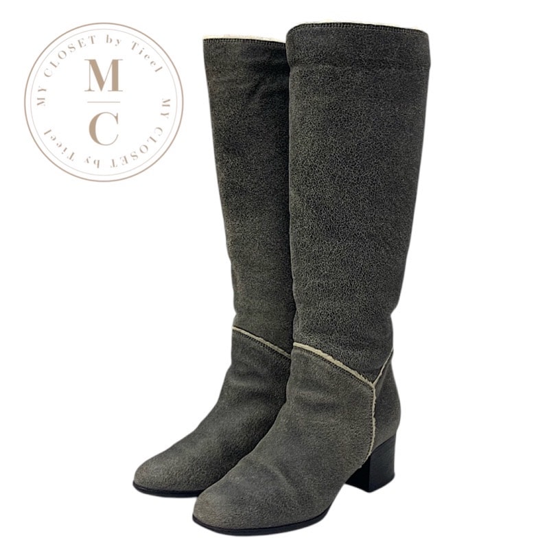 シャネル CHANEL ブーツ ロングブーツ 靴 シューズ レザー ムートン グレー ココマーク