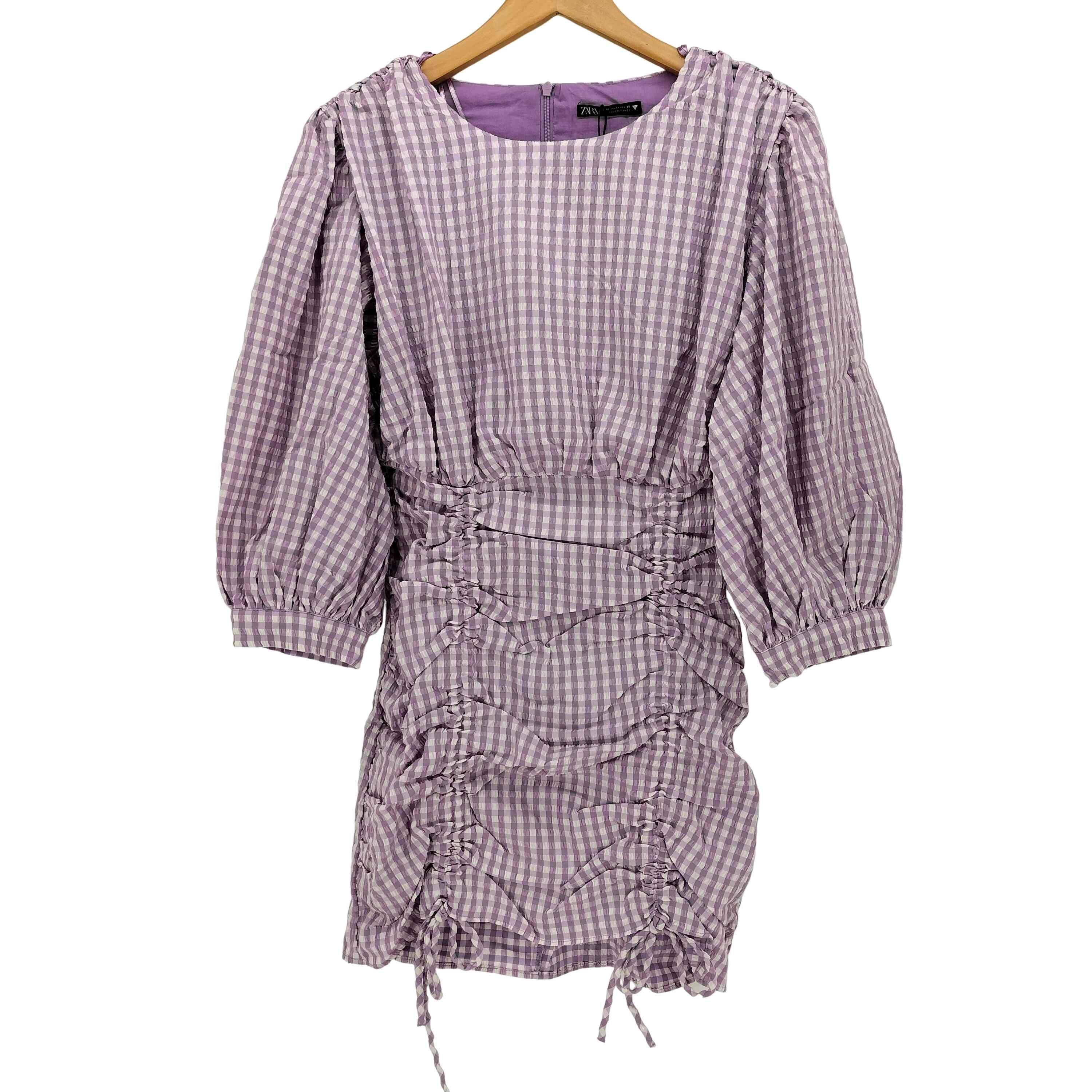 MINI GINGHAM CHECK DRESS PUFF SLEEVES LIGHT MAUVE ミニ ワンピース【1141087947365】