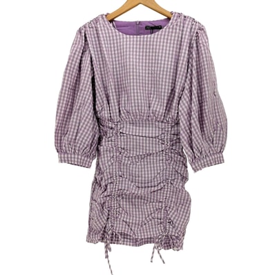 MINI GINGHAM CHECK DRESS PUFF SLEEVES LIGHT MAUVE ミニ ワンピース【1141087947365】