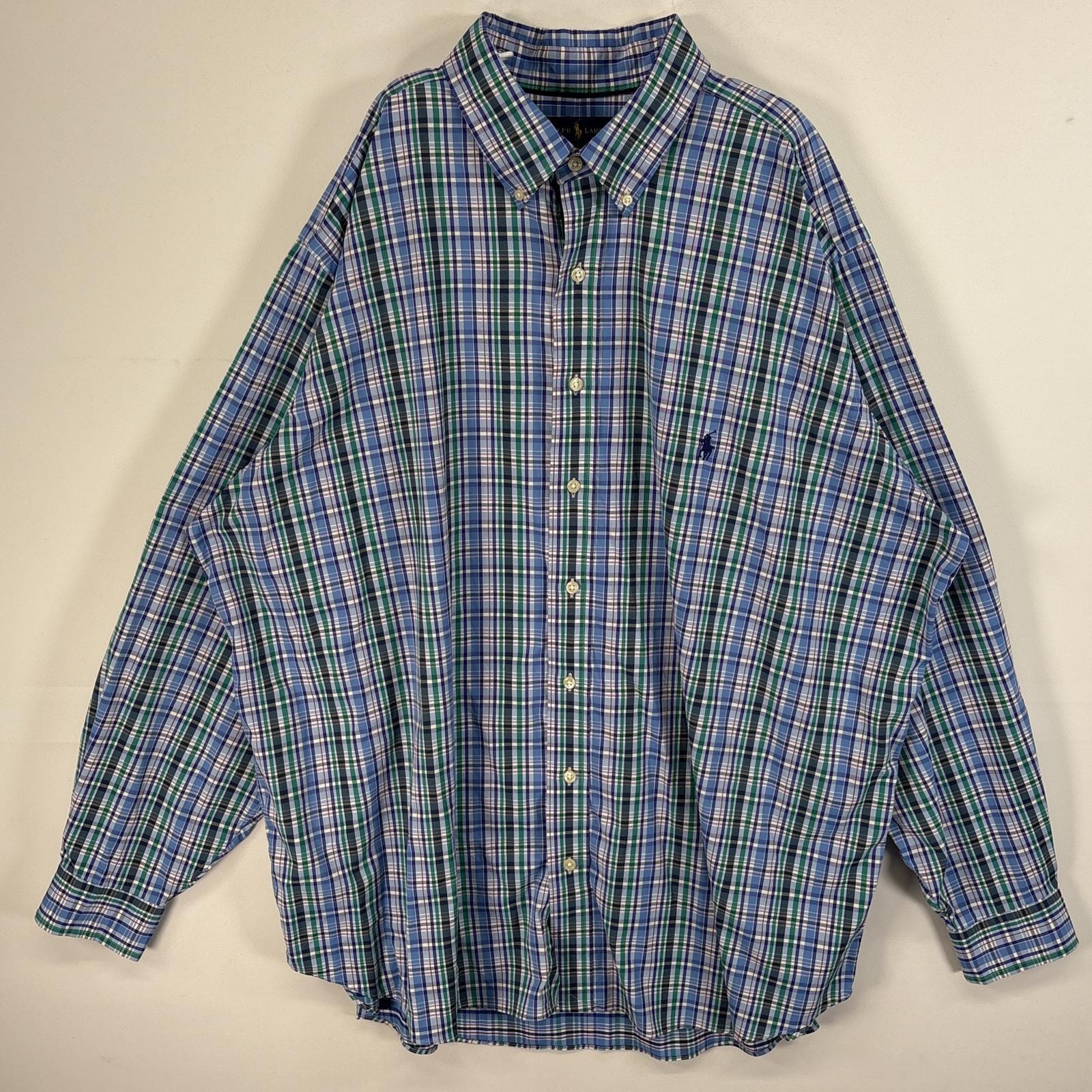 古着 ラルフローレン RALPH LAUREN 長袖シャツ ロゴ 刺繍 チェック柄 ナイロン素材 2XB  ブルー系 マルチカラー メンズ