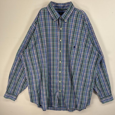 古着 ラルフローレン RALPH LAUREN 長袖シャツ ロゴ 刺繍 チェック柄 ナイロン素材 2XB ブルー系 マルチカラー メンズ