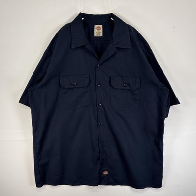 古着 ディッキーズ Dickies 半袖シャツ ワーク 作業着 フラップポケ 大きいサイズ ワンポイント ロゴ XL ネイビー 無地 メンズ