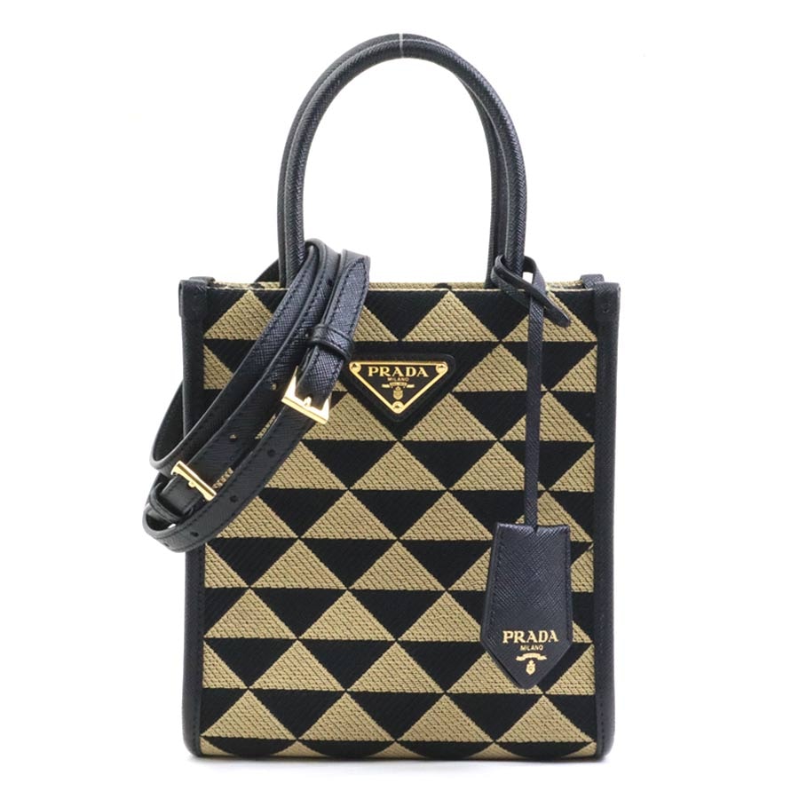 プラダ PRADA ハンドバッグ ショルダーバッグ シンボル エンブロイダリー ファブリック ミニ 2WAY キャンバス/レザー ブラック/ベージュ レディース【中古】 90316k
