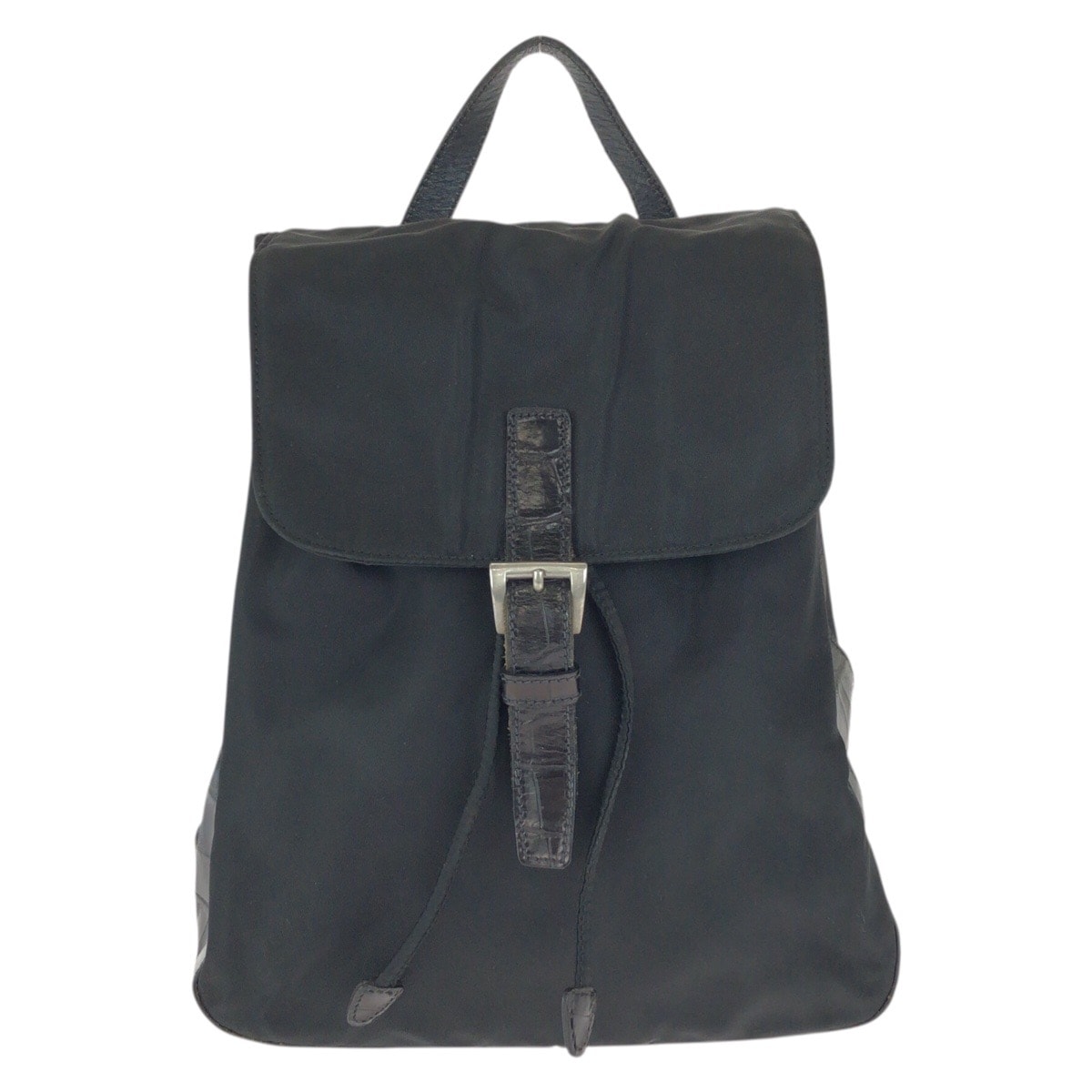 PRADA プラダ ヴィンテージ オールドプラダ テスート 三角ロゴプレート 型押し ブラック 黒 シルバー金具 ナイロン レザー/ リュックサック バックパック 602165 【中古】
