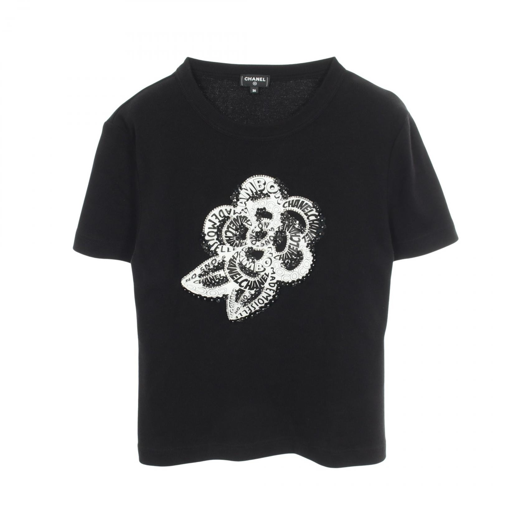 シャネル CHANEL カメリアロゴ ラインストーン 半袖Tシャツ 衣料品 トップス コットン レディース ブラック系 【中古】