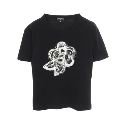 シャネル CHANEL カメリアロゴ ラインストーン 半袖Tシャツ 衣料品 トップス コットン レディース ブラック系 【中古】