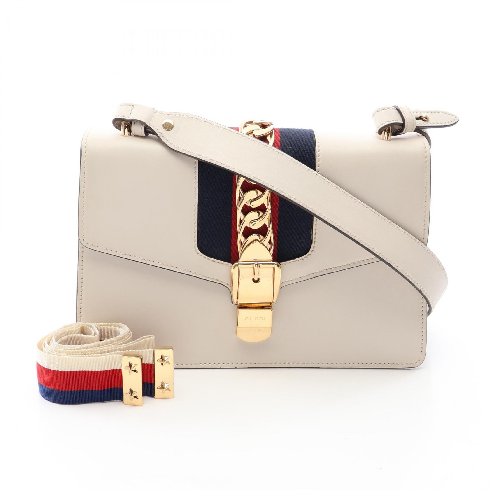 グッチ GUCCI シルヴィ スモール ウェブライン 2WAY ショルダーバッグ バッグ レザー レディース ホワイト系 / ネイビー系 / レッド系 421882 【中古】