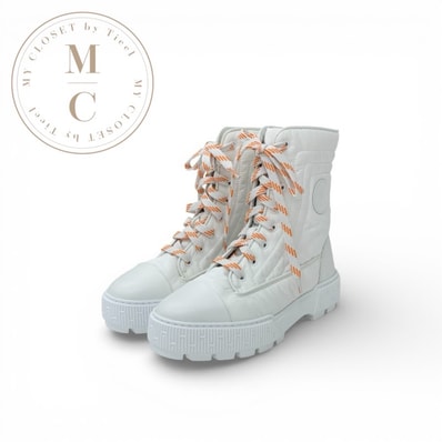 エルメス HERMES フレッシュ ブーツ ショートブーツ 靴 シューズ ナイロン レザー ホワイト オレンジ レースアップ