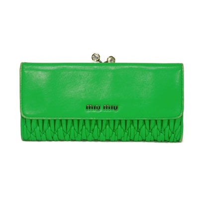 MIUMIU ミュウミュウ マテラッセ ロング フラップ ウォレット ナッパ クリスタル ビジュー がま口 二つ折り コンパートメント 札入れ カードケース コインケース グリーン ロゴ メタル ヴェルデフルオ 長財布 5M1325 FVJ F0JKZ