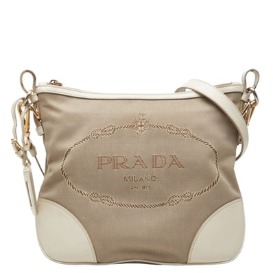 プラダ ロゴ 斜め掛け ショルダーバッグ ベージュ ホワイト キャンバス レザー レディース PRADA 中古