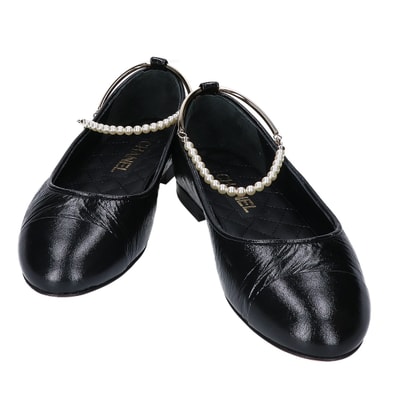 シャネル 美品 23C G38986 バレリーナ アンクルパールビジュー ココマーク フラットシューズ 37 1/2C