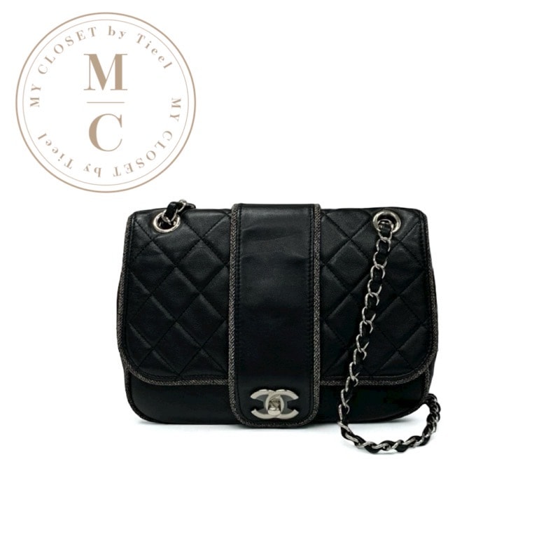 シャネル CHANEL バッグ ショルダーバッグ ラムスキン ブラック シルバー マトラッセ ターンロック ココマーク ダブルチェーン